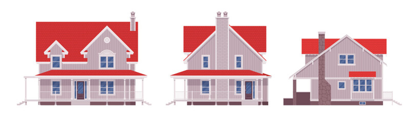 Red roof white home exterior, facade cartoon set. Buying dream house, garage, building decor for designers, architects, builders, homebuyer architectural inspiration. Vector flat style illustration