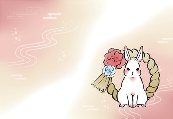   卯年の年賀状　横　うさぎとしめ飾り 赤系