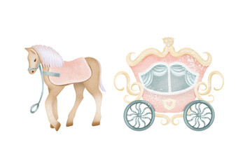 Watercolor fairy tale element of princess story - princess carriage with horse, isolated illustration for baby shower girl clipart, birthday clipart - 545887297