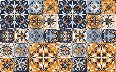 Seamless colorful tile in turkish style. Majolica pottery. Portuguese and Spain decor. Ceramic tile in talavera style. Vector illustration. - obrazy, fototapety, plakaty