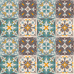 Seamless colorful tile in turkish style. Majolica pottery. Portuguese and Spain decor. Ceramic tile in talavera style. Vector illustration.