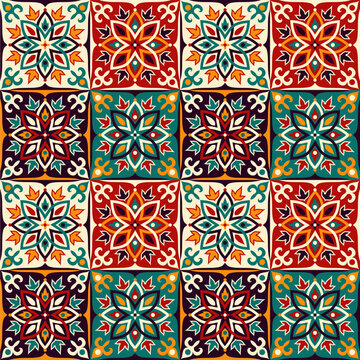 Seamless colorful tile in turkish style. Majolica pottery. Portuguese and Spain decor. Ceramic tile in talavera style. Vector illustration.