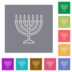 Menorah with burning candles outline square flat icons