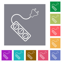 Portable electrical outlet with three sockets and extension cord and plug solid square flat icons