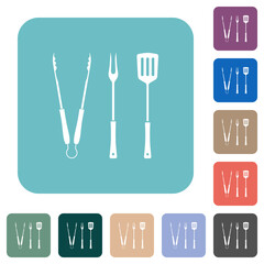 Barbecue tongs and fork and spatula solid rounded square flat icons