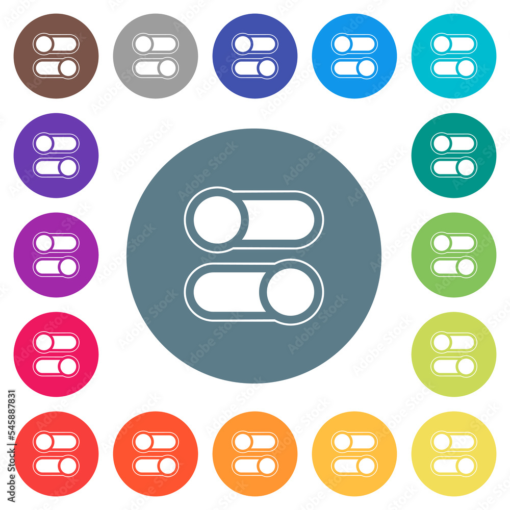 Poster horizontal toggle switches alternate flat white icons on round color backgrounds