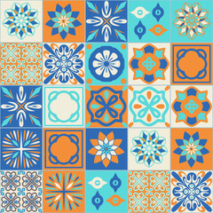Mediterranean style ceramic tiles, square tile blue orange ivory color