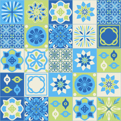Azulejo blue ceramic square tile, spanish portuguese mediterranean style blue green color