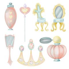 Set of watercolor princess and little cute girl elements (princess crown, mirror, magic wand), isolated illustration on a white background, baby shower girl clipart, birthday clipart © nastyasklyarova
