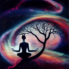Spirit Tree Meditation on reality in the expanse of the universe with galaxies and nebulae in the background