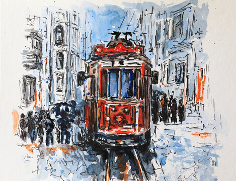 A Christmas tram driving through a snowy city. Watercolor drawing of a red tram