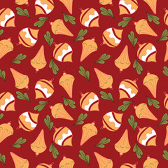 Christmas and Happy New Year seamless pattern with Christmas decoration and gifts. Trendy retro style. Vector design template.
