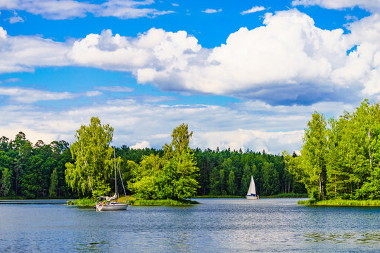 Yachts on lake in Tuchola Forests, Poland.