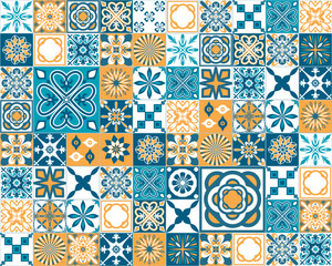 Spanish Azulejo style decorative pattern, blue orange white square ceramic tiles for design, vintage vector illustration