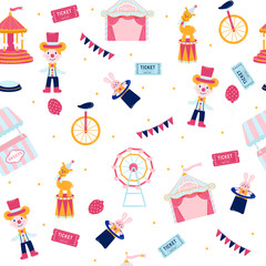 Seamless circus pattern. Pink circus with elements on white background © Elena