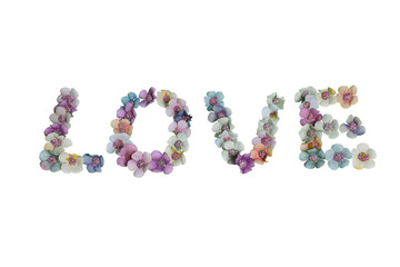 The word LOVE is spelled out in letters made of colorful flowers on a white background