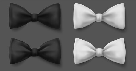 Realistic Black, White Bow Tie Icon Set Isolated. Silk Glossy Bowtie, Tie Gentleman. Bow Tie for Man. Mens Fashion, Father s Day Holiday. 3d.