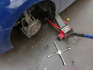 Changing a wheel on a car jack at a car service station