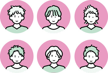 くせ毛を活かしたヘアスタイルの男性のアイコンイラストセット