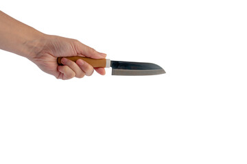 Hand and utility knife isolated on transparent background.
