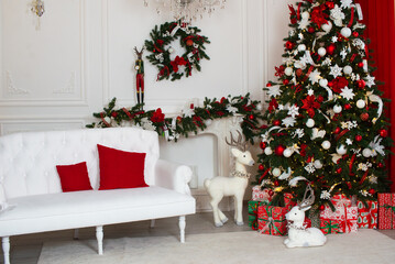 Christmas background with tree, fireplace, gifts, sofa in white and red colors