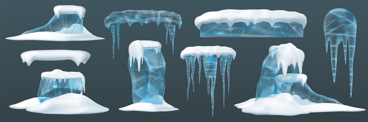 Ice and snow. Elements arctic snowy cold water winter. Realistic icon set, cartoon style. illustration