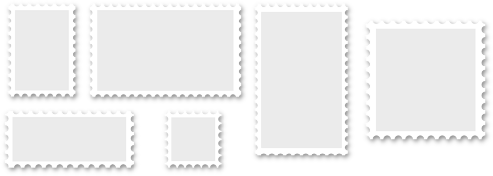 Postage stamp set. Realistic post stamps set with realistick shadow. Blank Postage Stamps on transparent background. PNG image - Powered by Adobe