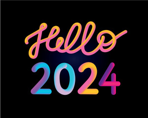 Happy new year 2024 future metaverse neon text neon with metal effect, numbers and futurism lines. Vector greeting card, banner, congratulation poster 3d illustration. Modern trendy electronic light