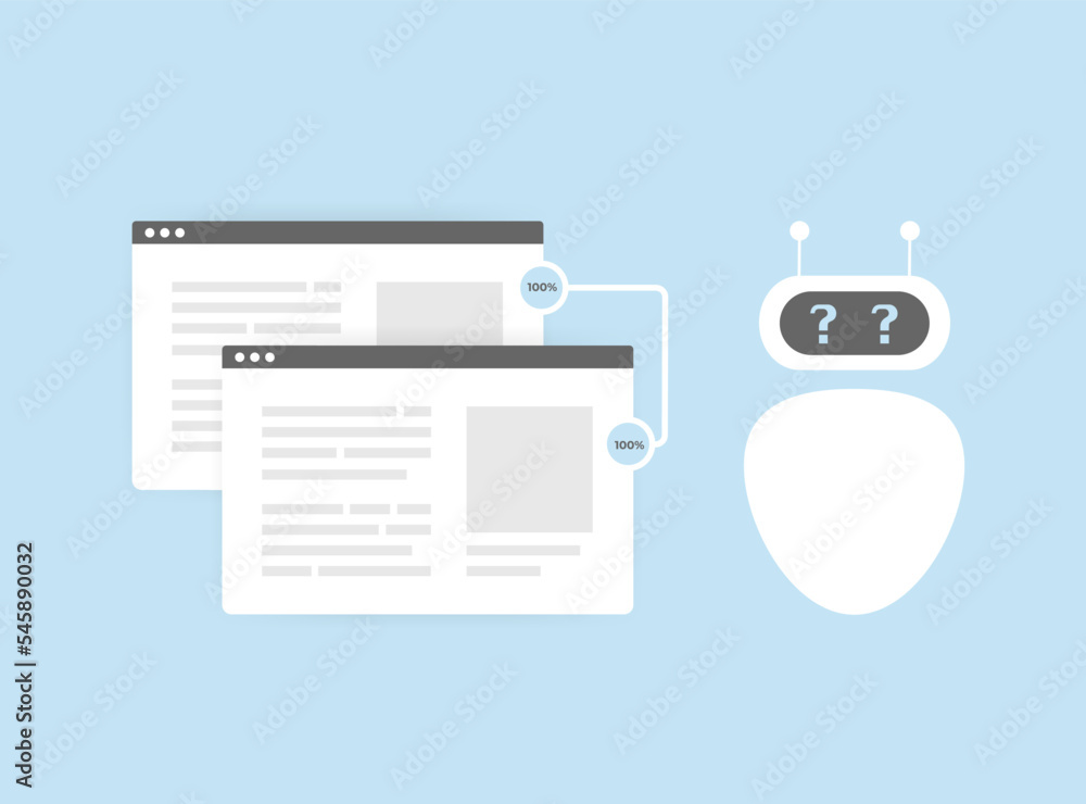 Poster duplicate seo content vector illustration concept. search robot finds closely similar, same duplicat
