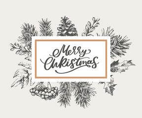Obraz premium Merry Christmas and Happy New Year Abstract Botanical Card with Square Frame Banner and Modern Typography. Green and Pink Pastel Colors Greeting Layout. Isolated.