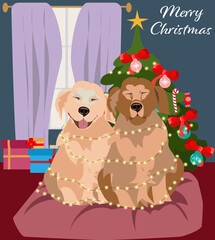 Christmas postcard with a couple of adorable dogs sitting by the Christmas tree