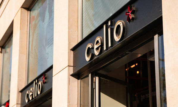 The logo sign of Celio French men's clothing retailer company on top of a store from Paris, France, 2022.