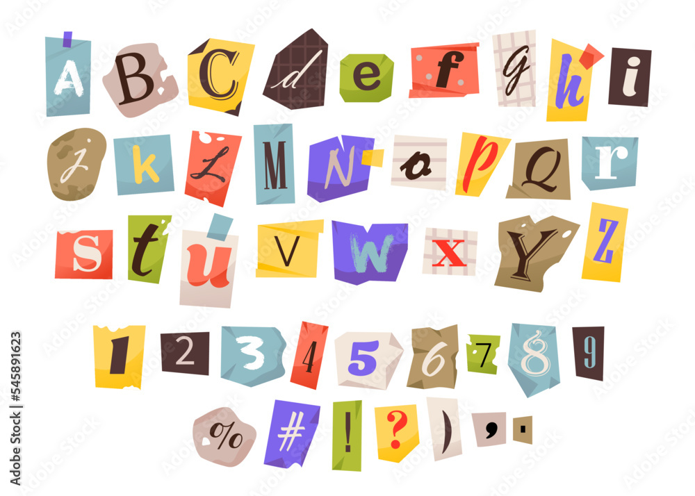 Fototapete clipping alphabet and numbers. anonymous letters cut. cut letters. vector font