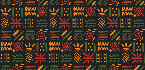 African clash ethnic tribal seamless pattern background. Vector red, yellow, green symbols, square repeat lines backdrop for Black History Month, Juneteenth, Kwanzaa print, banner, wallpaper - obrazy, fototapety, plakaty