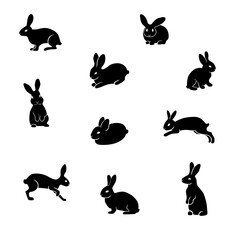 Set of templates of bunnies, and rabbits. Vector set of rabbits for digital, fabric, wallpaper,  banner, textile, apparel. 