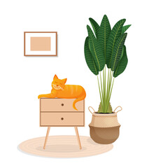 Cute ginger cat sits on a chest of drawers. Living room interior with animal, ficus and home decor. Vector illustration of a room without people.