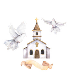 White doves of peace are flying over the church watercolor illustration. Wedding, holy celebration, Easter. Religious holidays. Solemn ceremony