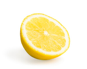 Ripe yellow lemon slice isolated on white background.
