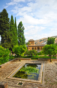 Jardines y palacio del Partal en la Alhambra en Granada, Andalucía, España. La Alhambra es Patrimonio Mundial de la Unesco en Andalucía