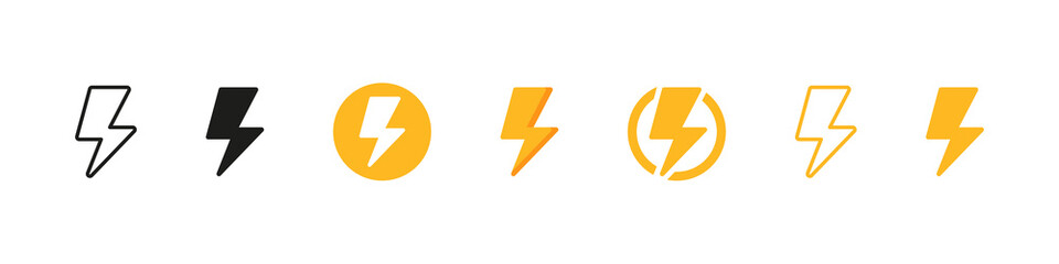 Thunder flash icon. Bolt vector set. Lightening logo isolated on white background. Electrical energy sign. Thunderbolt ison set.