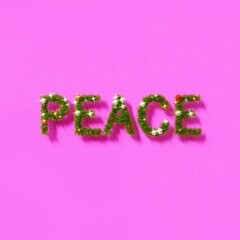 Beautiful christmas background with christmas wreath like font forming the text PEACE with pink background in the sun, copy space for text (3D Rendering)