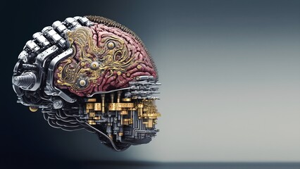 Fototapeta premium Human brain with neuralink augmentation. Neural networks and artificial intelligence. Creating a computer mind. 3D illustration of the application of innovation in science. 