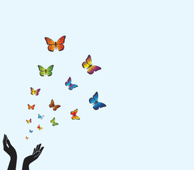 Butterfly set free, Colorful Butterfly flying for freedom from an open hand, freedom concept, World bird day. vector illustrations