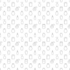Fototapeta na wymiar Vector seamless pattern of cosmetic bottles is made of line icons. Perfect for web sites, wraps, wallpapers, postcards