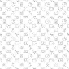 Vector seamless pattern of money, currency, business and finance is made of line icons. Perfect for web sites, wraps, wallpapers, postcards