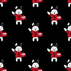 Naklejka premium Seamless pattern with chinese rabbit with red envelope. Print for wallpaper or fabric. Chinese symbol 2023 new year.