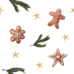 Pattern with gingerbread Christmas, New Year, watercolor, on a white background, for design	