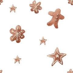 Fototapeta na wymiar Pattern with gingerbread Christmas, New Year, watercolor, on a white background, for design 