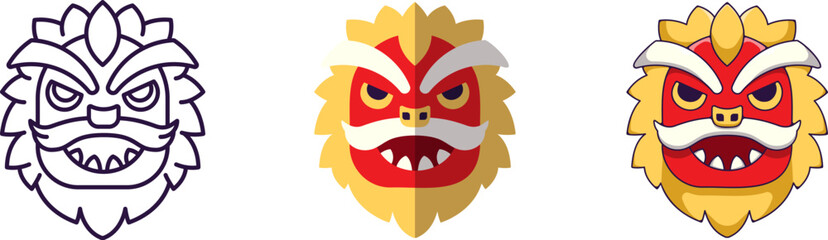 Chinese New Year concept. Collection of line, flat and cartoon illustrations of dragon mask for stores, shops, web sites, design, apps