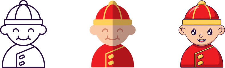 Chinese New Year concept. Collection of line, flat and cartoon illustrations of boy for stores, shops, web sites, design, apps